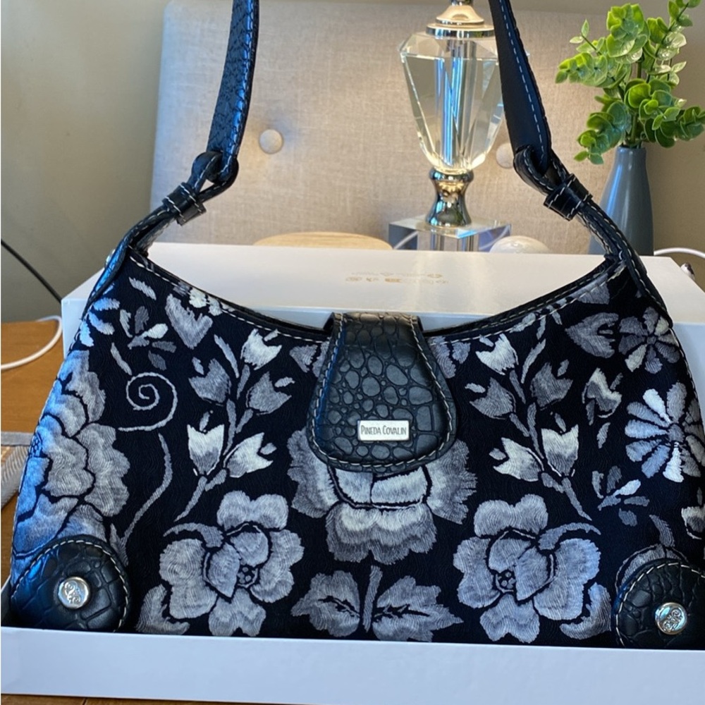 Preston & York Black and Silver Floral Shoulder Bag